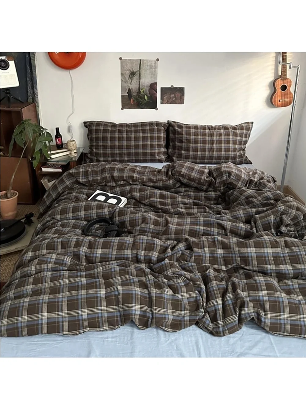 NEW Bildenly Brown and Blue Plaid Duvet Cover Set Full 3 Pcs, OEKO-TEX Certified